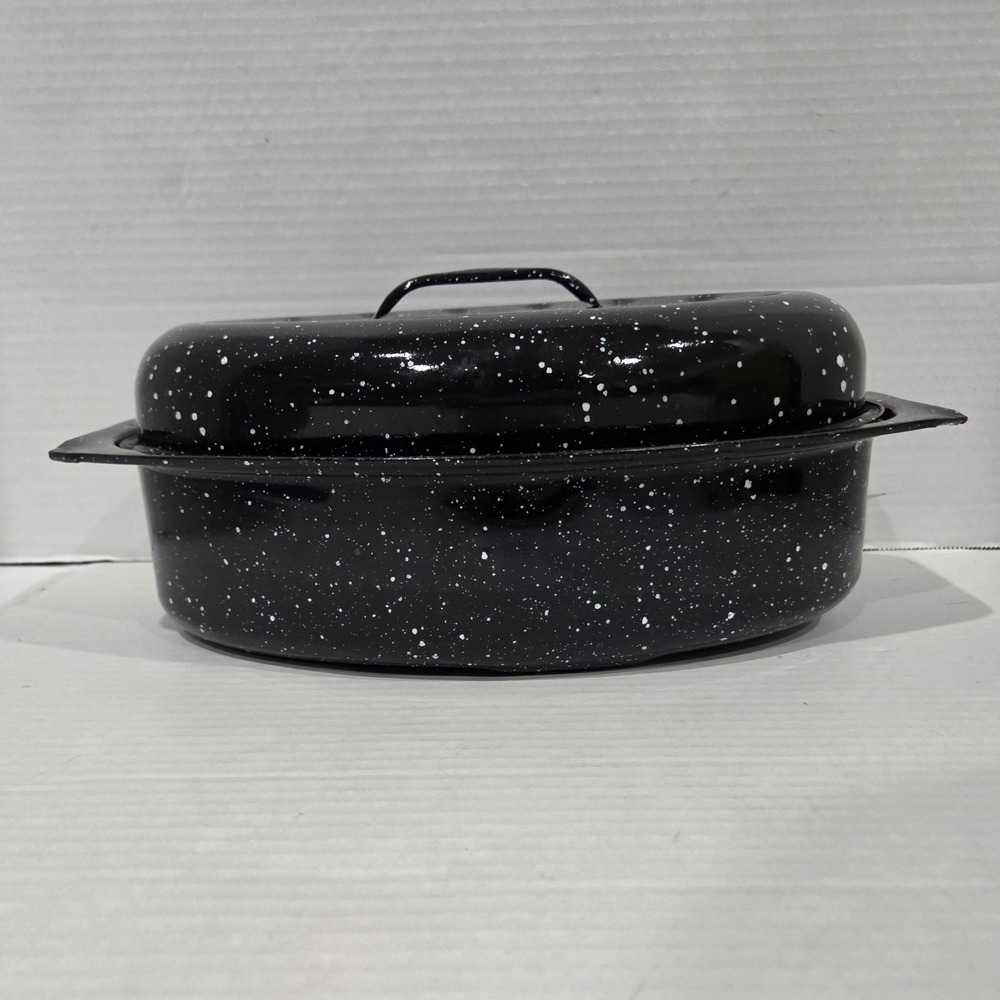 Vintage Black Granite Enamelware Oval Roasting Pan with Lid 12.5x8 Speckled